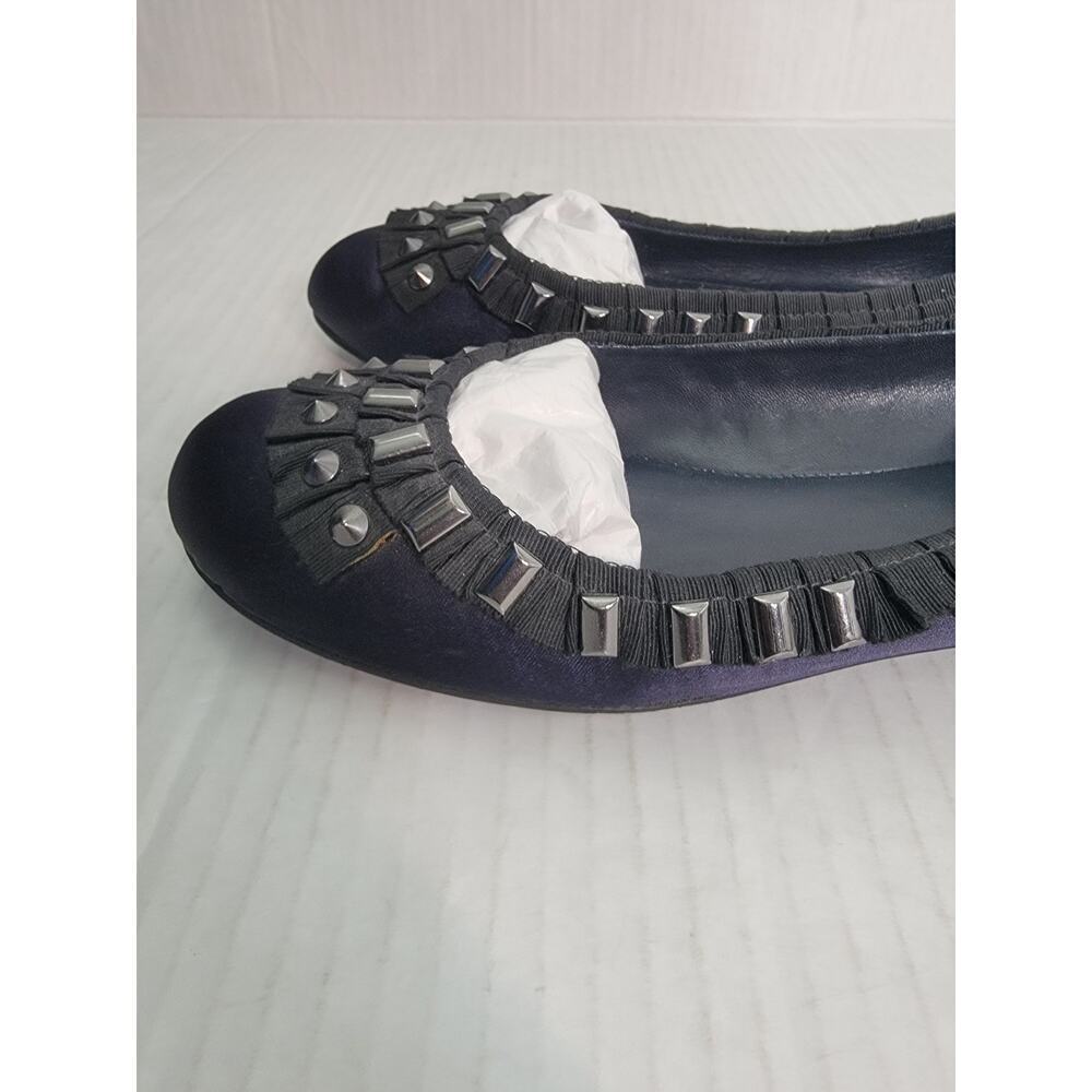 Tory Burch Ballet Flat Size 10M Erin Grosgrain Ribbon Studded Satin Navy Black - Picture 6 of 10